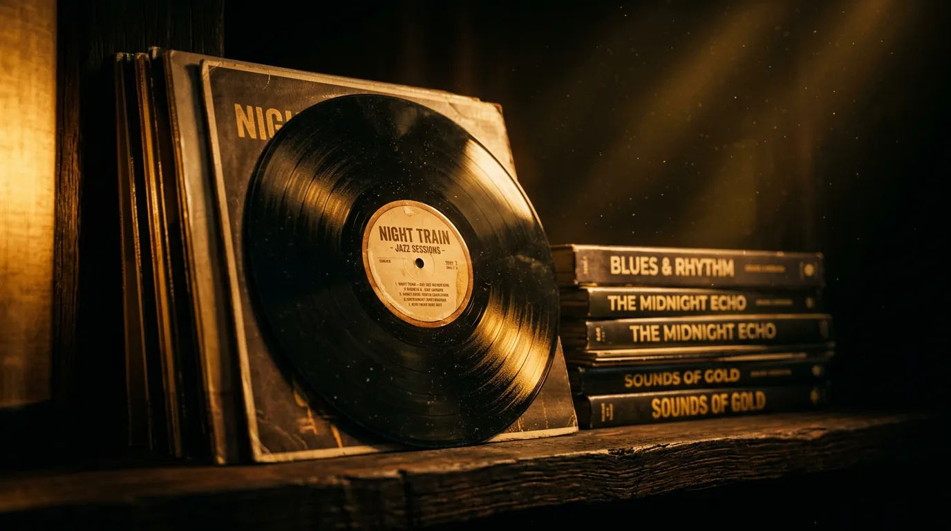 Vinyl records on a dark shelf